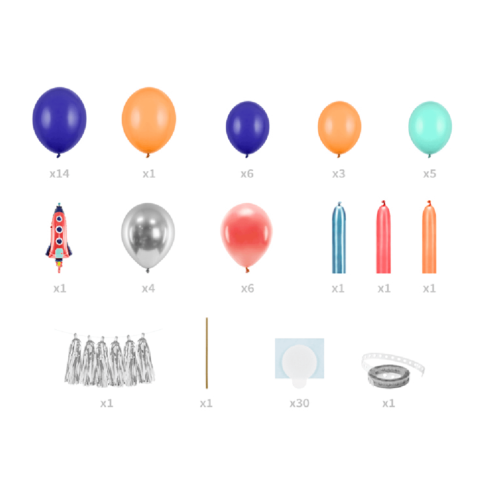 Ballonnen in de kleuren donkerpaars, oranje, lichtgroen, lichtoranje en metallic zilver