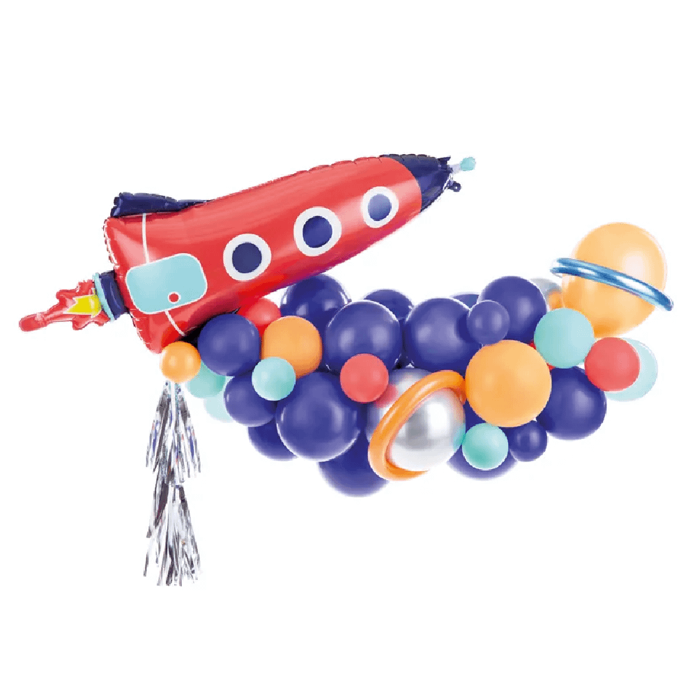 Ballonnenboog met een raket en ballonnen in de kleuren paars, lichtgroen, oranje en rood