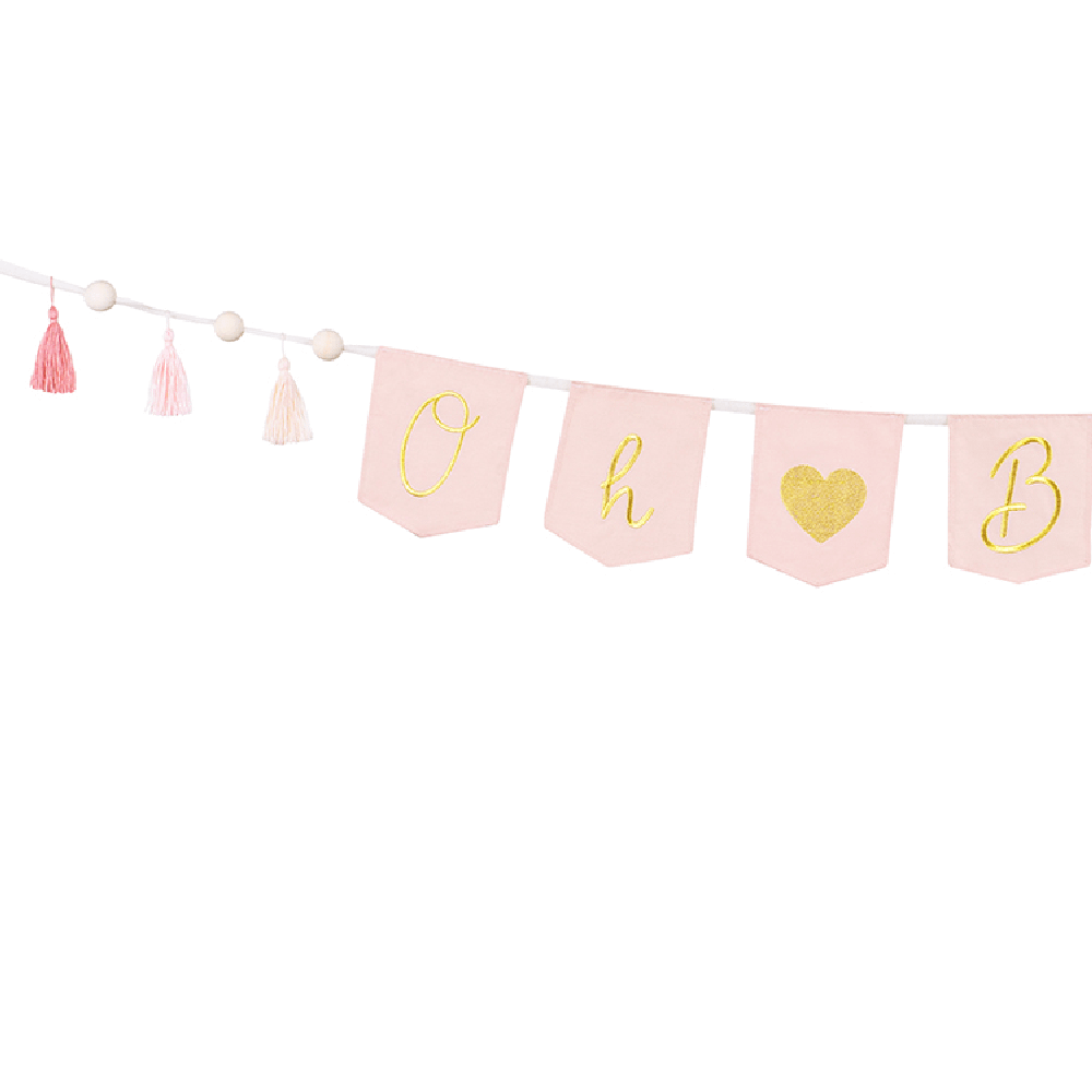 Roze letterbanner met de gouden tekst 'oh baby' en tassels met witte pompoms