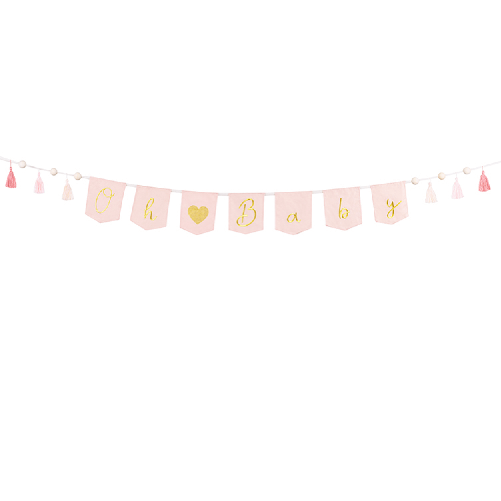 Roze letterbanner met de gouden tekst 'oh baby' en tassels met witte pompoms