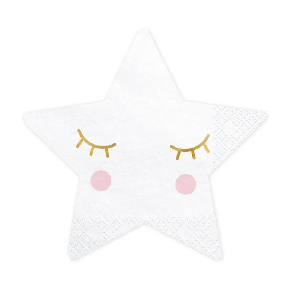 Witte servet in de vorm van een ster met gouden wimpers en roze wangen