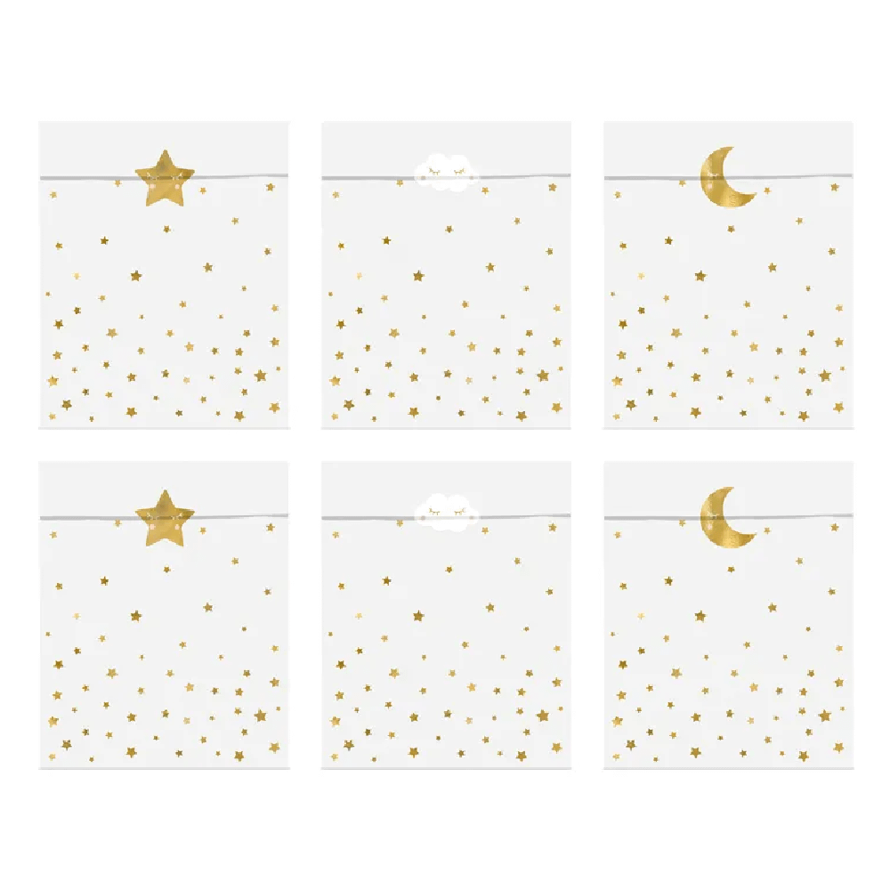 Witte zakjes met gouden sterretjes, gouden maantjes en witte wolkjes