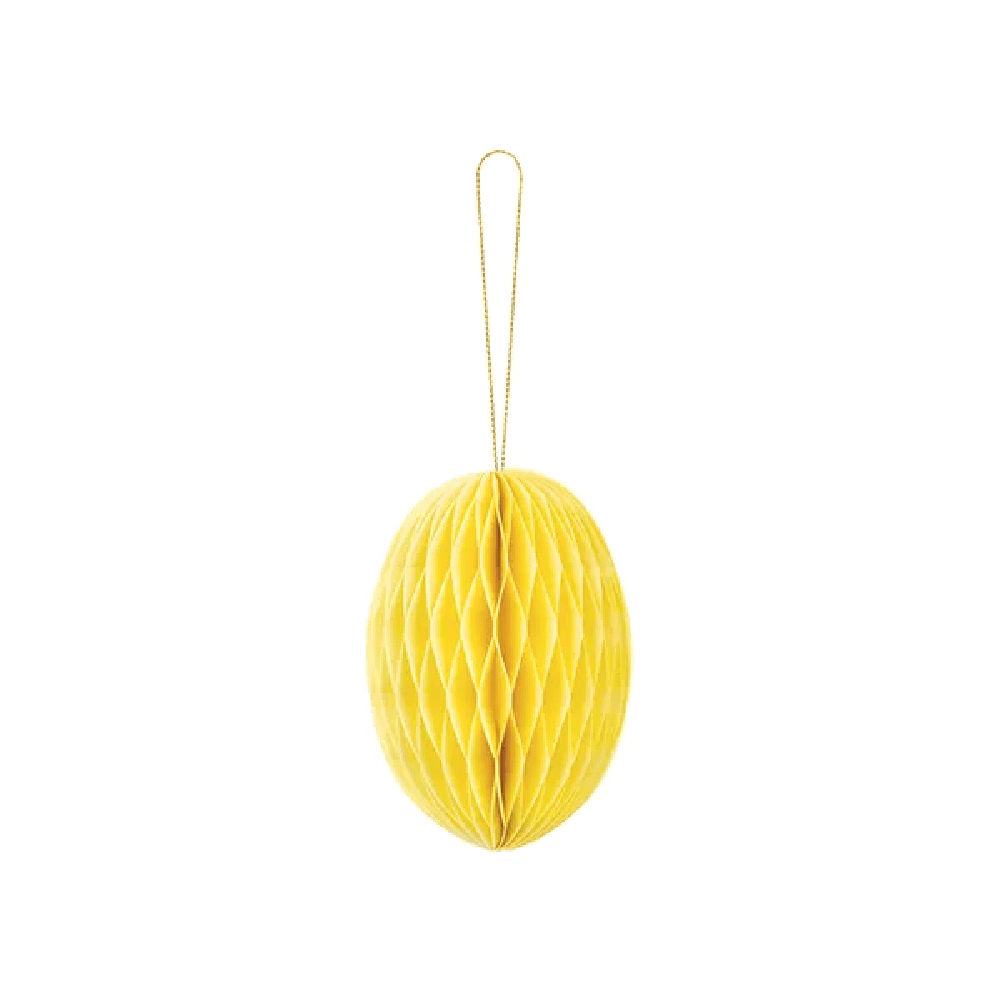 Gele honeycomb in de vorm van een paasei aan een touwtje