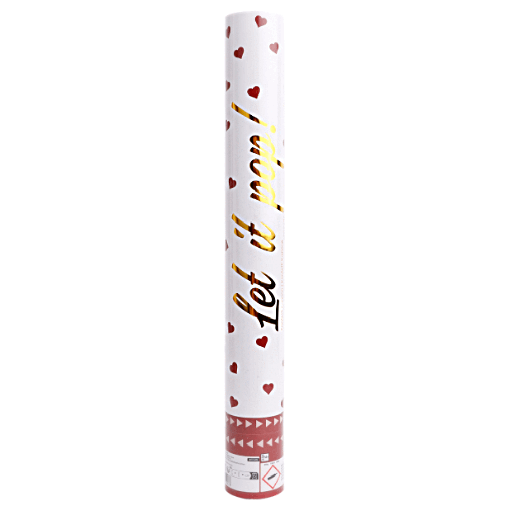 Wit en rood confetti kanon met gouden tekst let it pop en rode rozenblaadjes