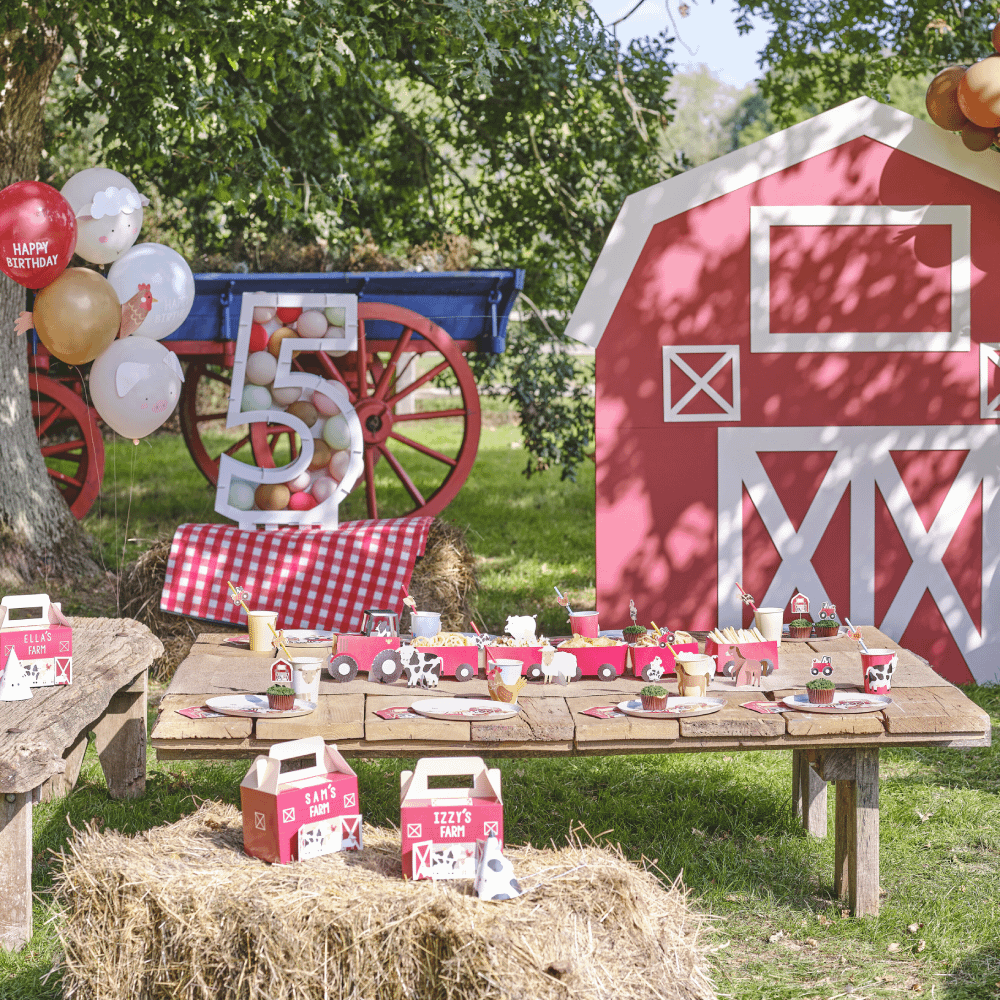 Grasveld met rode en witte boerderij, een huifkar en een picknicktafel met bordjes, bekers en een papieren tractor erop