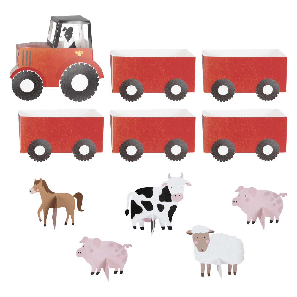 Tractor met rode karretjes en zwarte wieltjes en kartonnen boerderijdieren