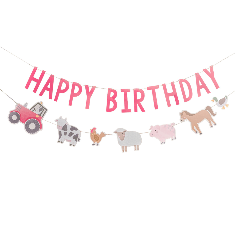 Slinger met rode letters happy birthday en boerderijdieren zoals een paard, eend, varken, schaap, koe, hond en tractor