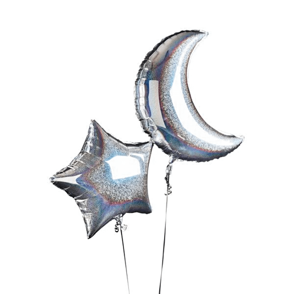 Folieballon in de vorm van een ster en halve maan met een iridescent effect