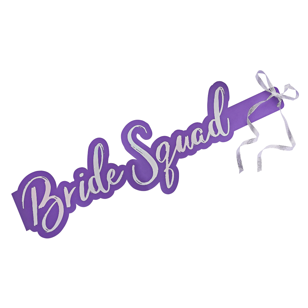Paarse sjerp met iridescent tekst bride squad en zilveren glitterlint