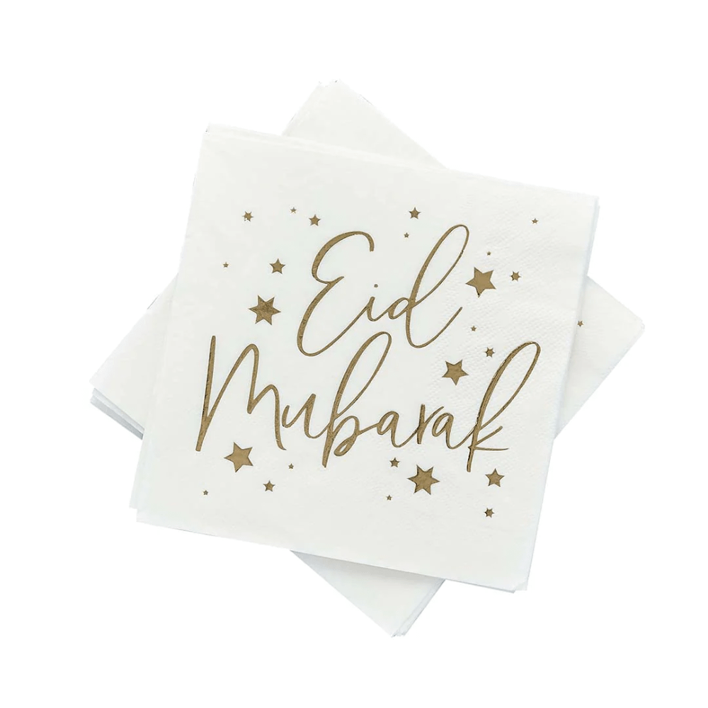 Witte servetten met gouden tekst Eid Mubarak en gouden sterren