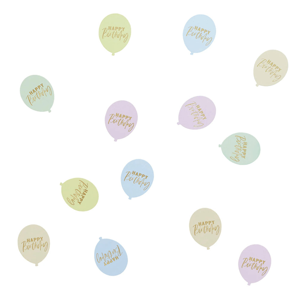 Confetti in de vorm van ballonnetjes in verschillende pasteltinten met de gouden tekst happy birthday erop