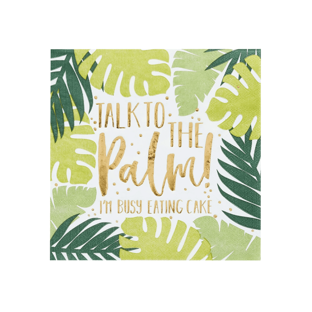 Servetten met groene palmbladeren en gouden tekst talk to the palm