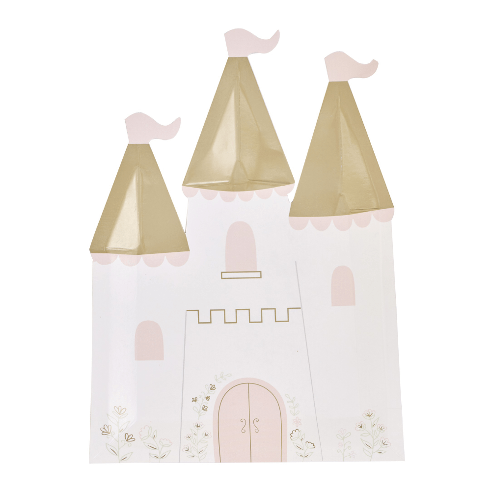 Papieren bordjes in de vorm van een kastel met gouden torens en bloemen
