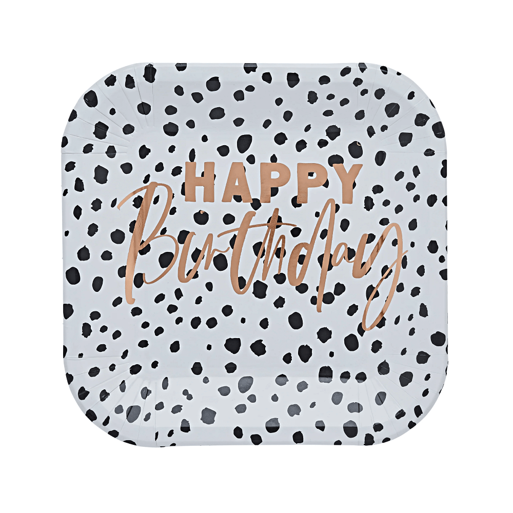 Witte vierkante bordjes met zwarte stippen en rose gouden tekst happy birthday