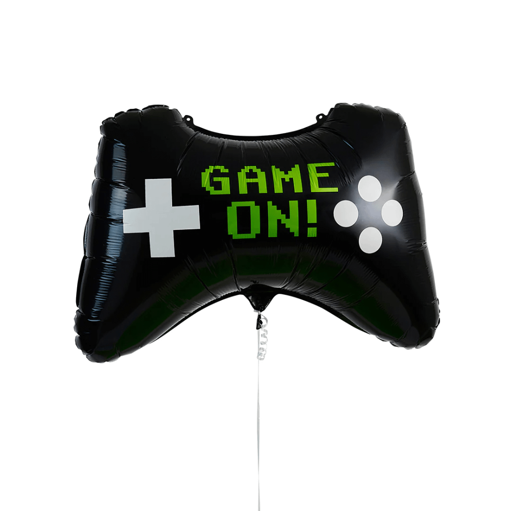 zwarte ballon in de vorm van een controller met de tekst game on in het groen en witte buttons