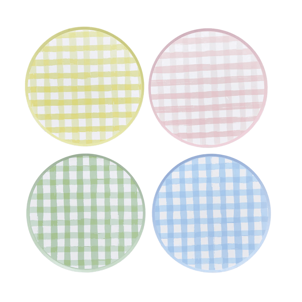 bordjes met gerut patroon in het wit, geel, roze, blauw en groen