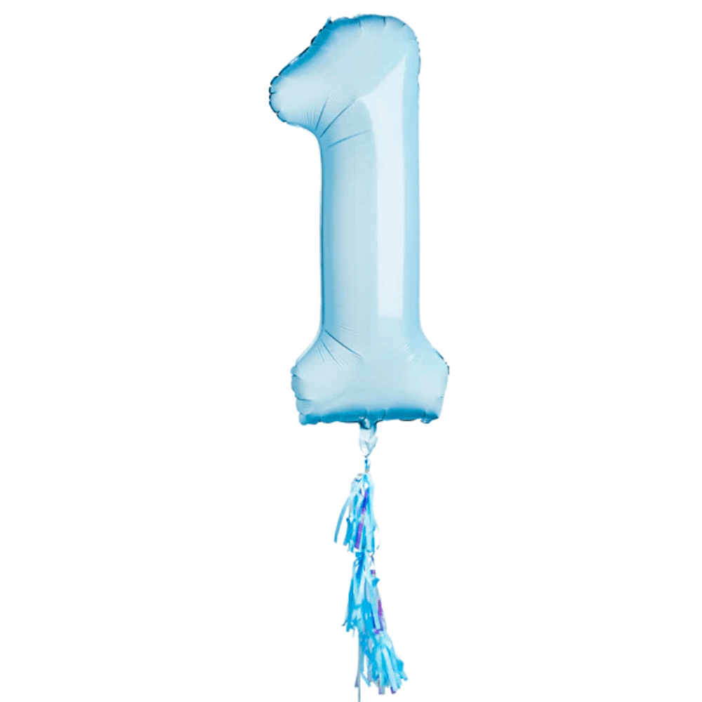 Babyblauwe ballon cijfer 1 met een tassel