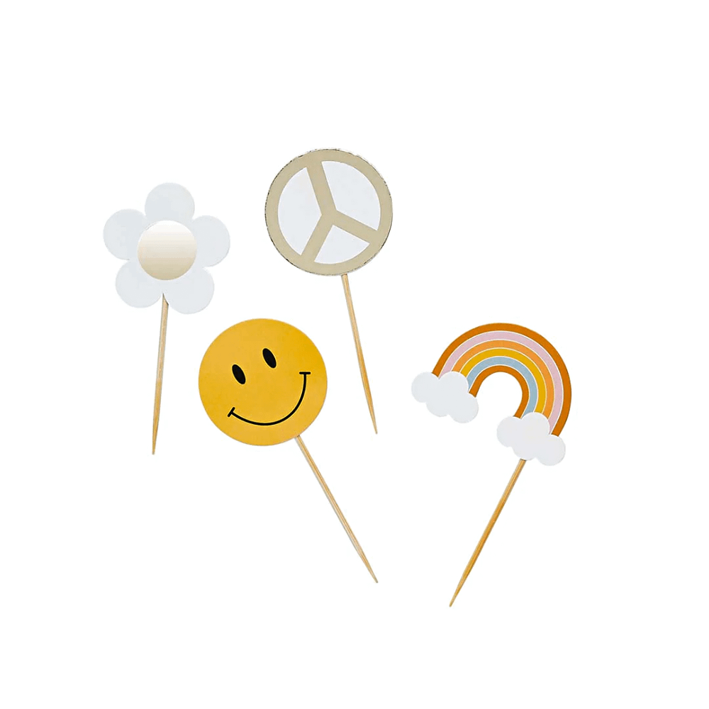 Sateprikkers met figuurtjes bestaande uit een regenboog, het vredesteken, een smiley en een madeliefje