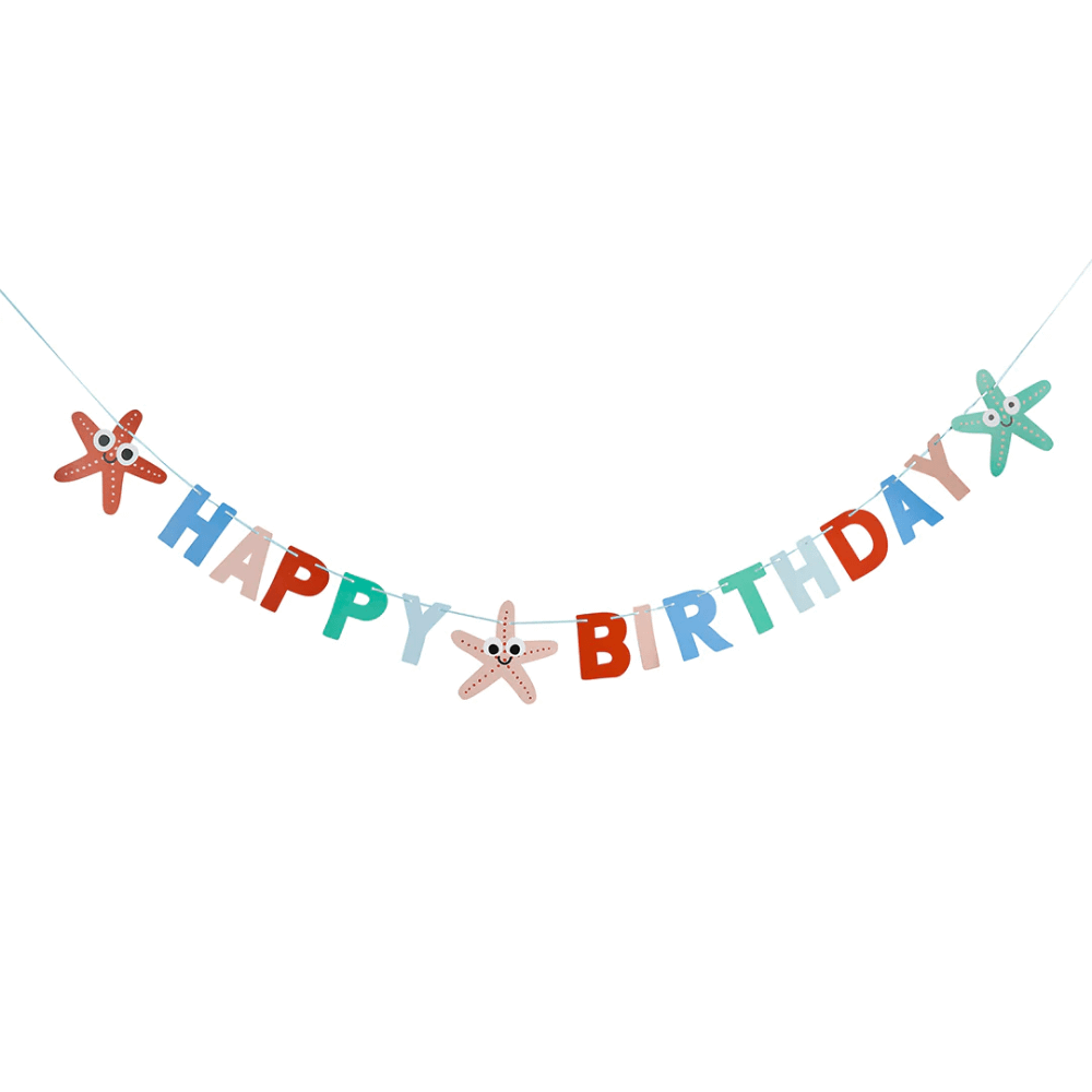 slinger met de tekst happy birthday en zeesterren in het oranje, rood, groen, paars, zachtroze en blauw