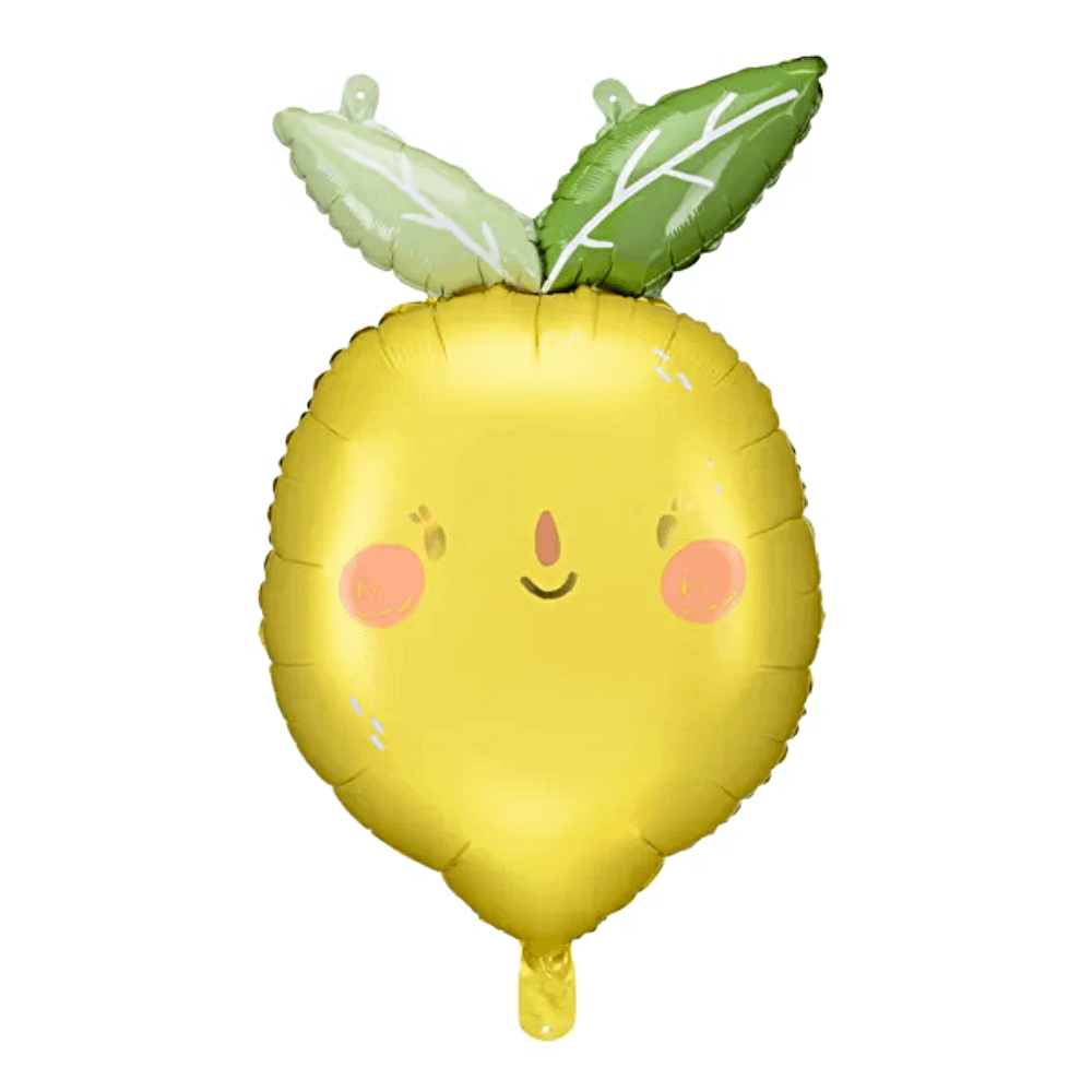 folieballon in de vorm van een citroen in het geel en groen met lachend gezichtje