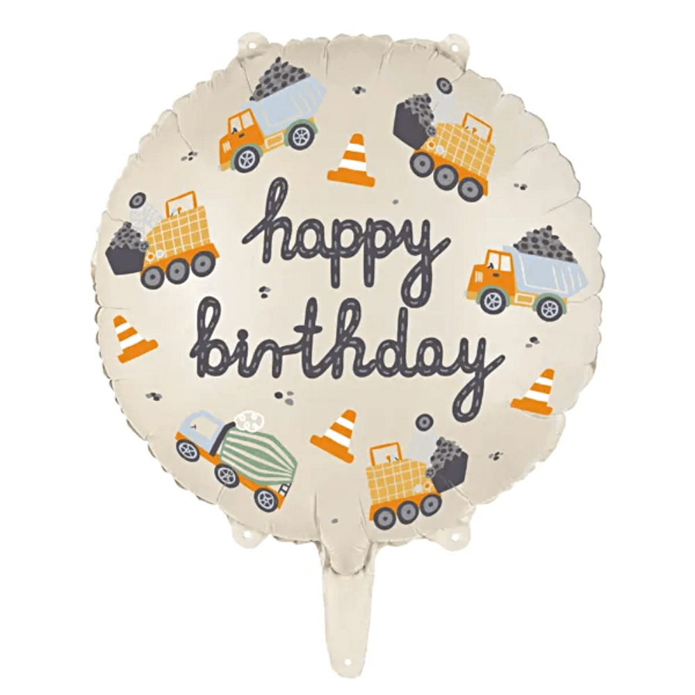 folieballon met cementmixer, bulldozer en vrachtwagen erop met de tekst happy birthday