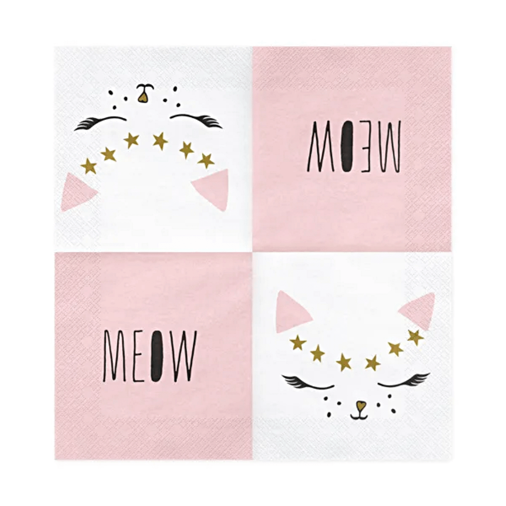 dubbelzijdig bedrukte servet met roze en gouden details en een kattengezichtje
