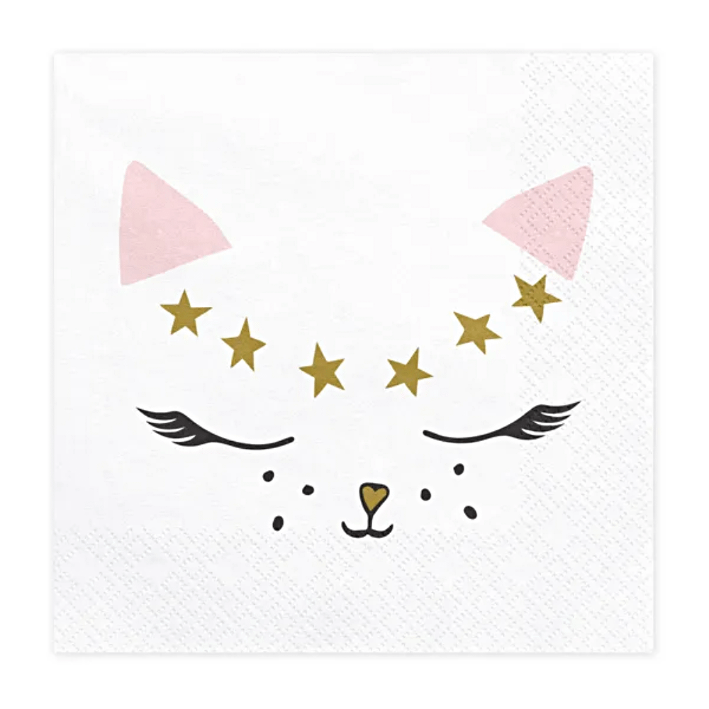 witte servet met kat erop en gouden sterren