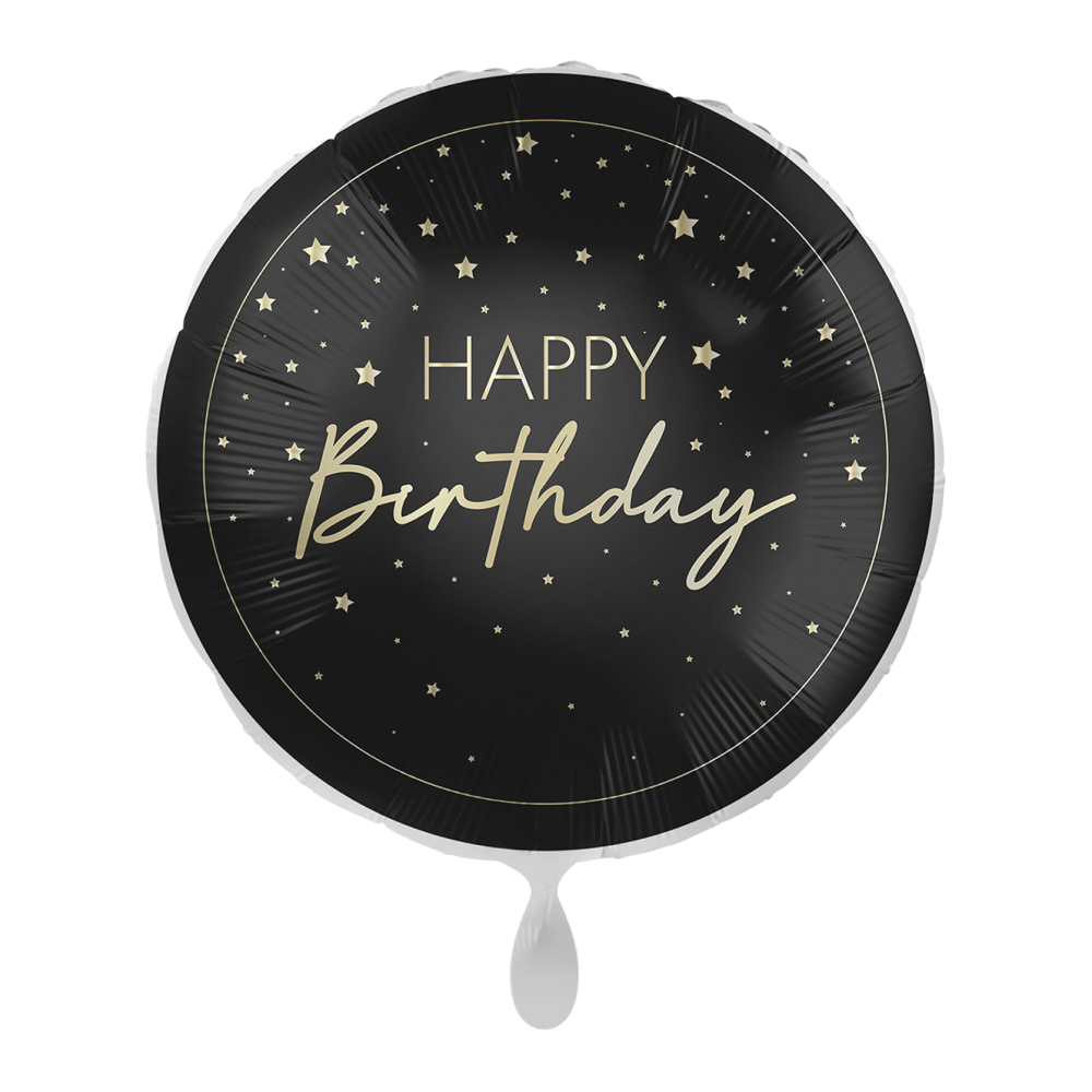 zwarte ronde ballon met gouden sterren en tekst happy birthday en gouden rand
