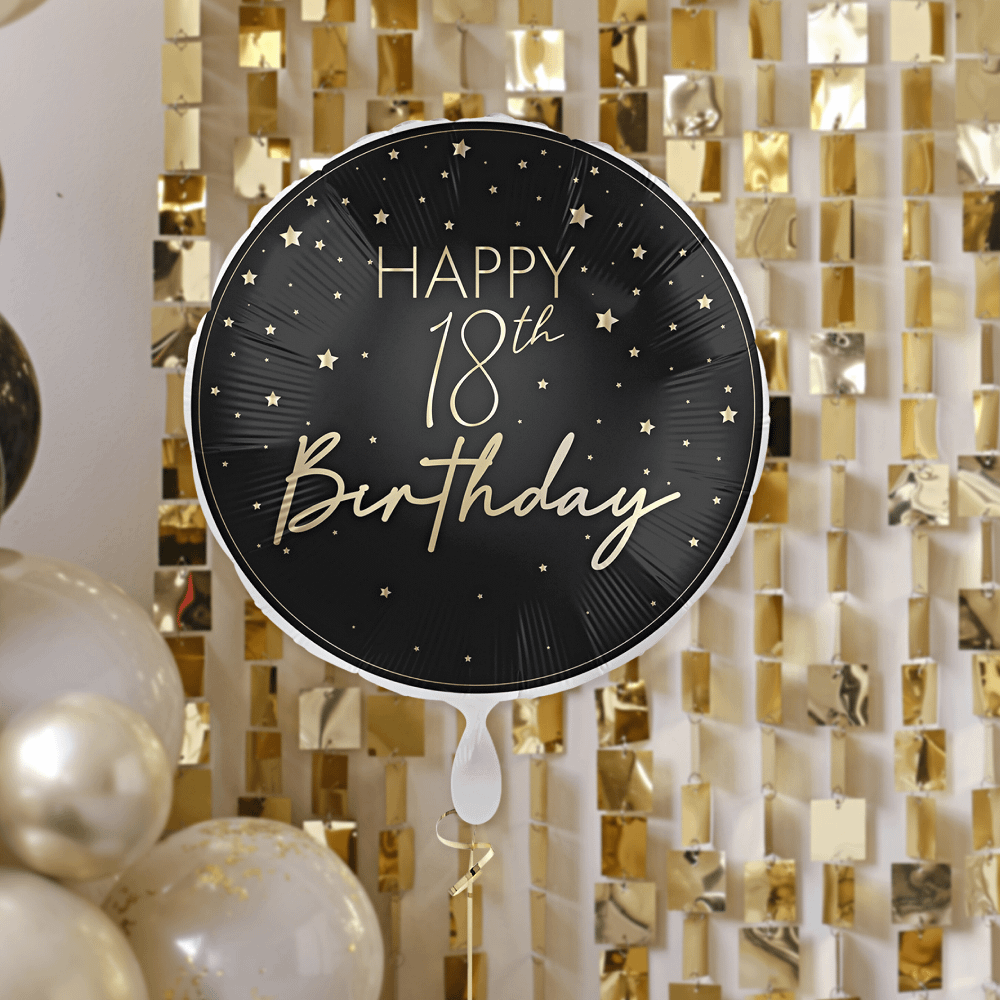 ronde zwrte folieballon met gouden sterren en tekst happy 18th birthday