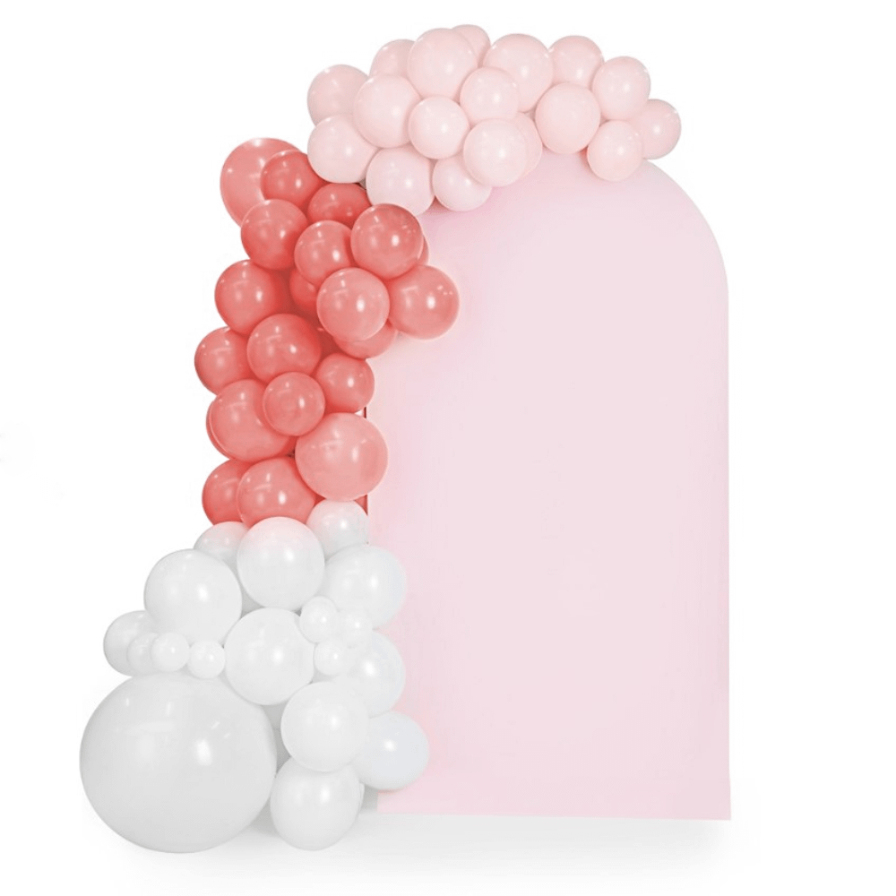 Ballonnenboog van extra sterke ballonnen in het pastelroze, roze en wit