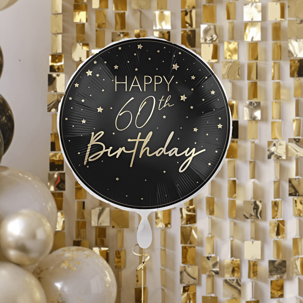 zwarte ronde ballon met gouden sterren en tekst happy 60th birthday