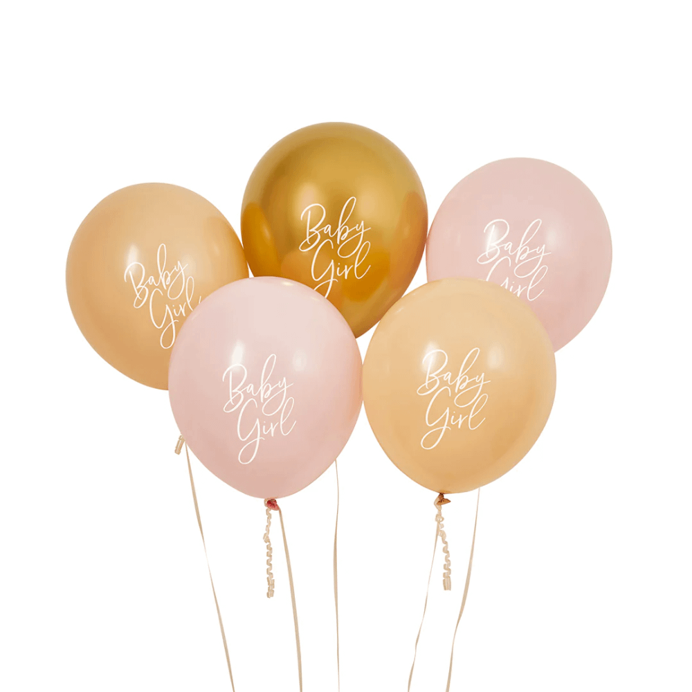 Set ballonnen in het goud, nude en lichtroze met de witte tekst baby girl