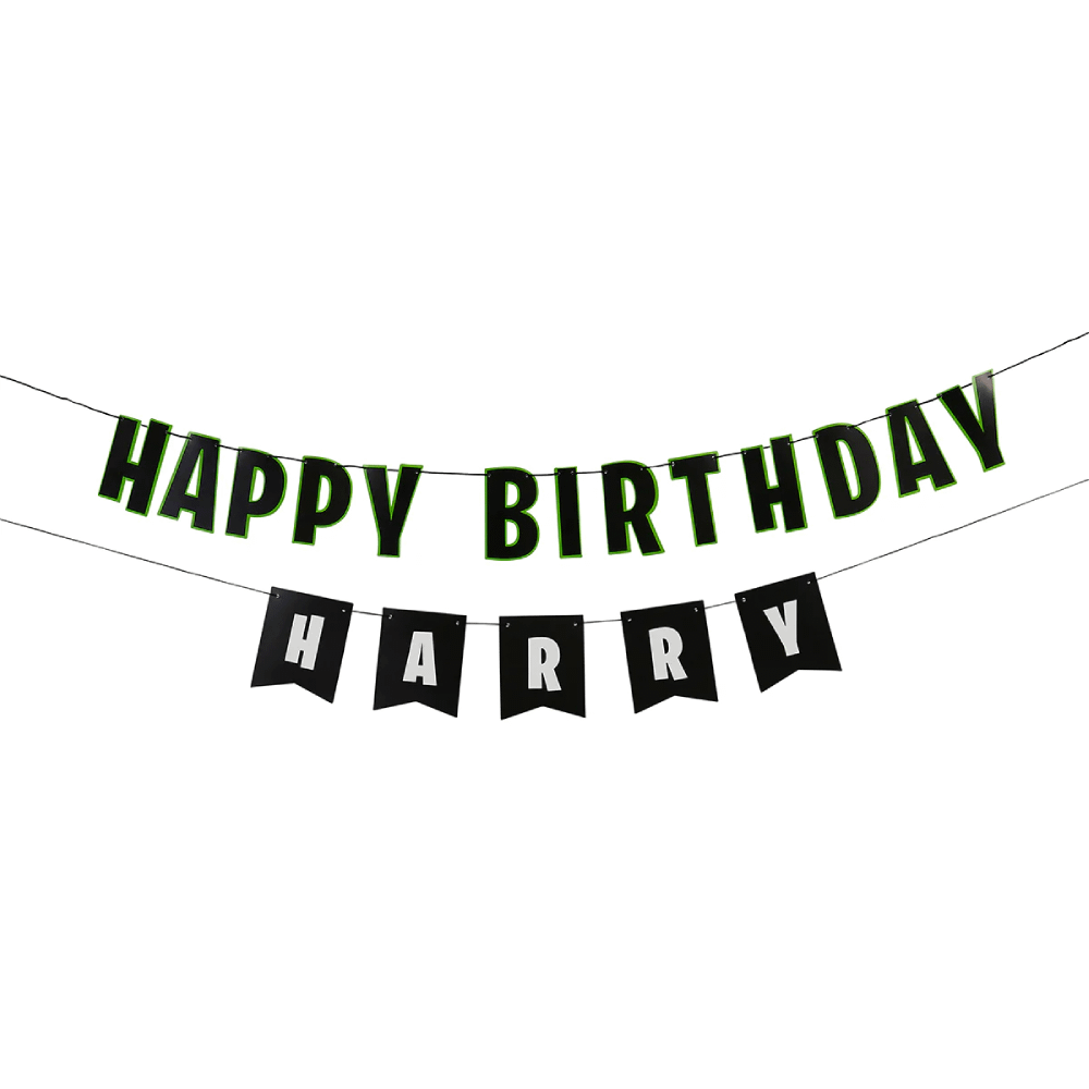 slinger happy birthday personaliseerbaar in het wit, groen en zwart