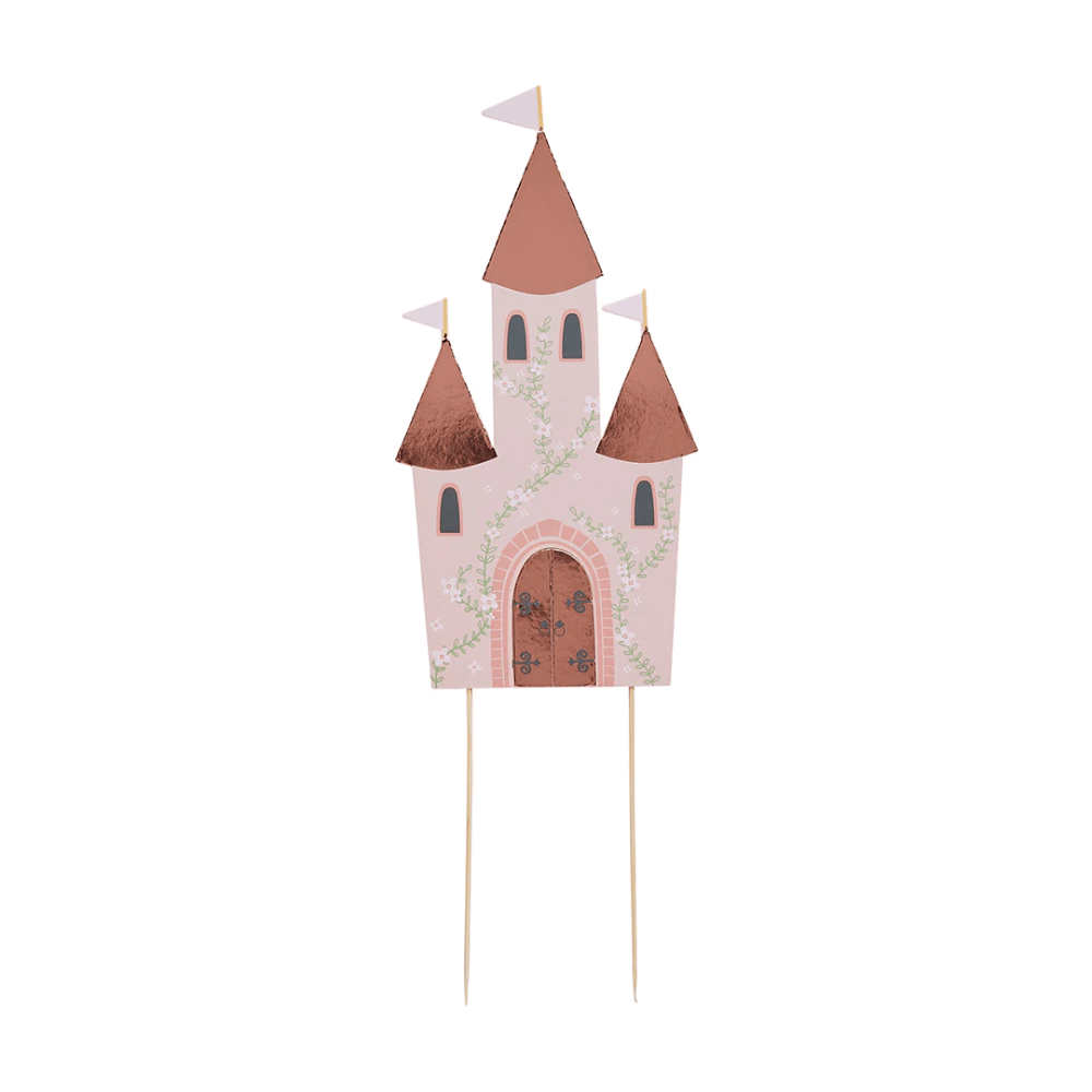 Taart topper in de vorm van een kasteel met roze muren en rosé gouden torens