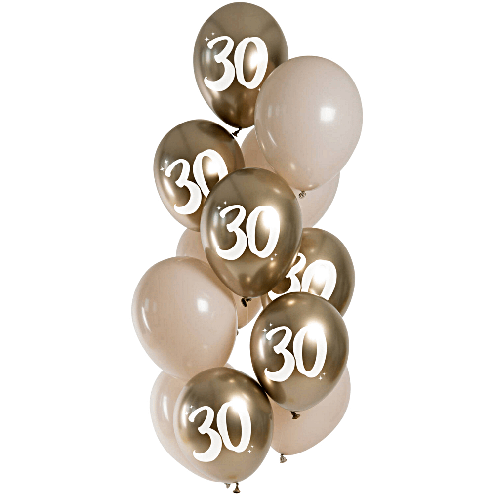 gouden en nude ballonnen met chrome effect en bedrukt met witte cijfers 30