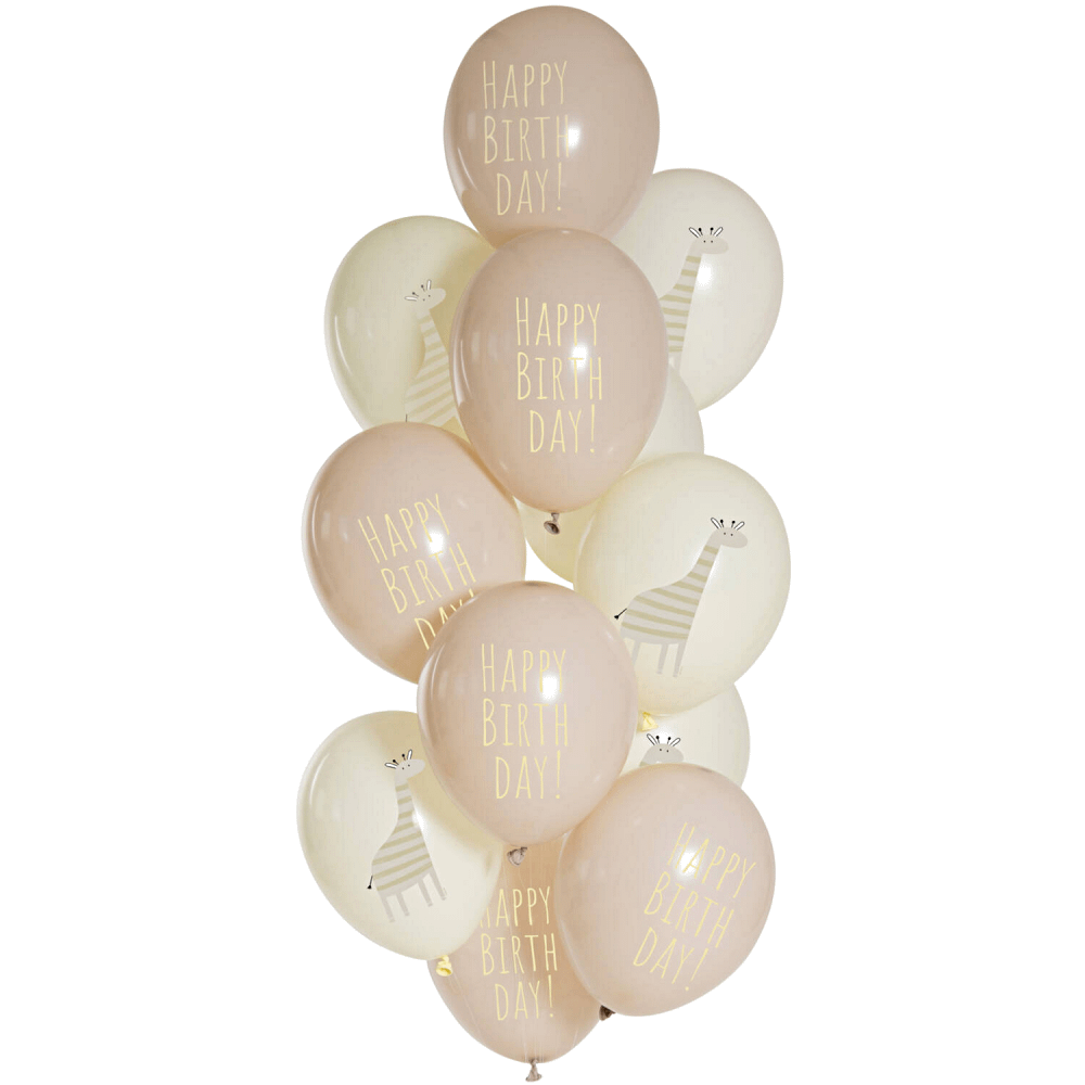 Nude en beige ballonnen met de witte tekst happy birthday en bedrukt met een giraffe