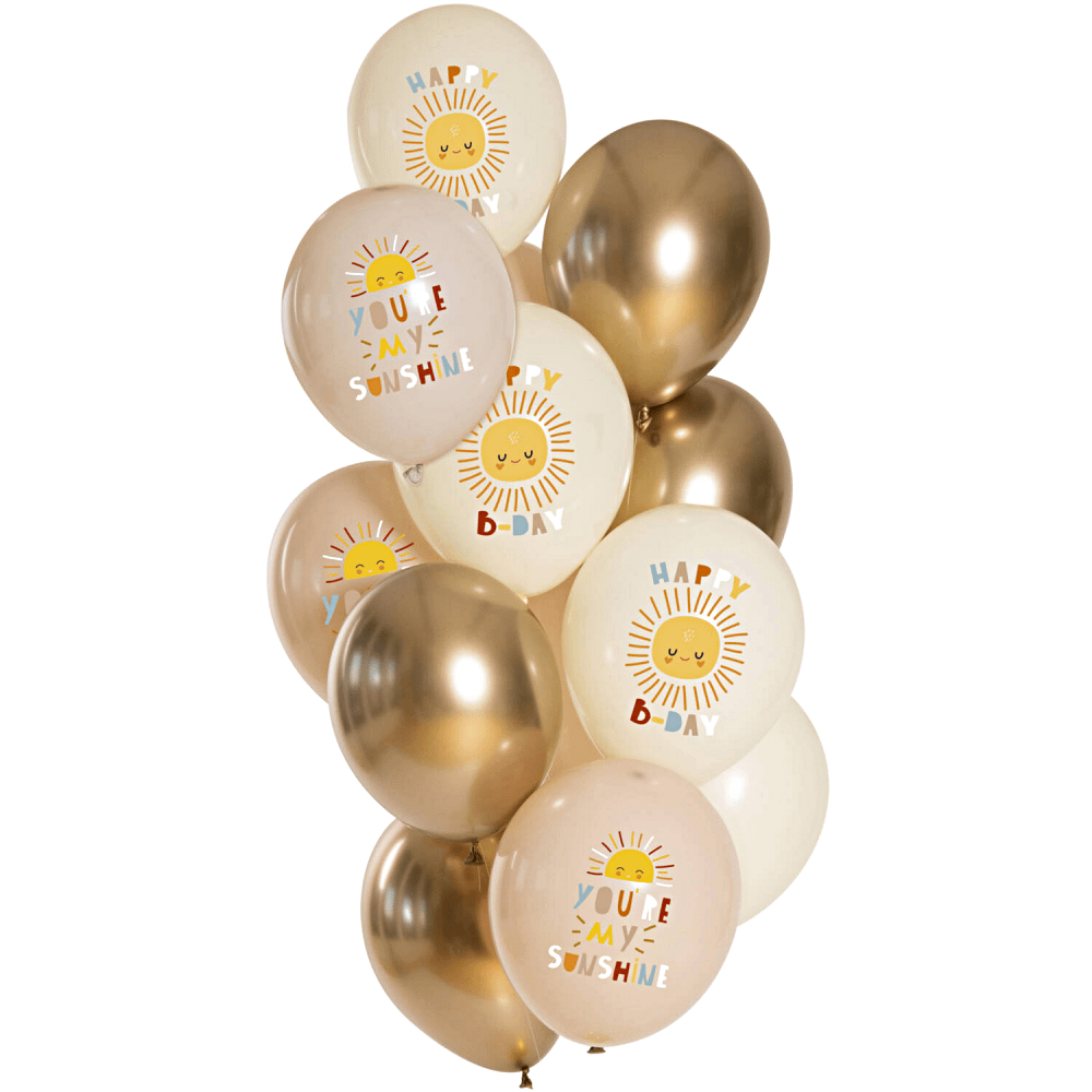 Ballonnen set met gouden chrome ballonnen, nude en beige ballonnen met een zonnetje en de tekst you are my sunshine en happy b-day
