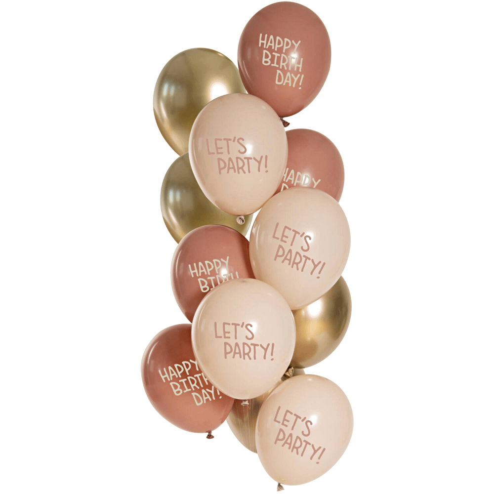 Ballonnen in het oudroze, zachtroze en goud met de teksten let's party en happy birthday