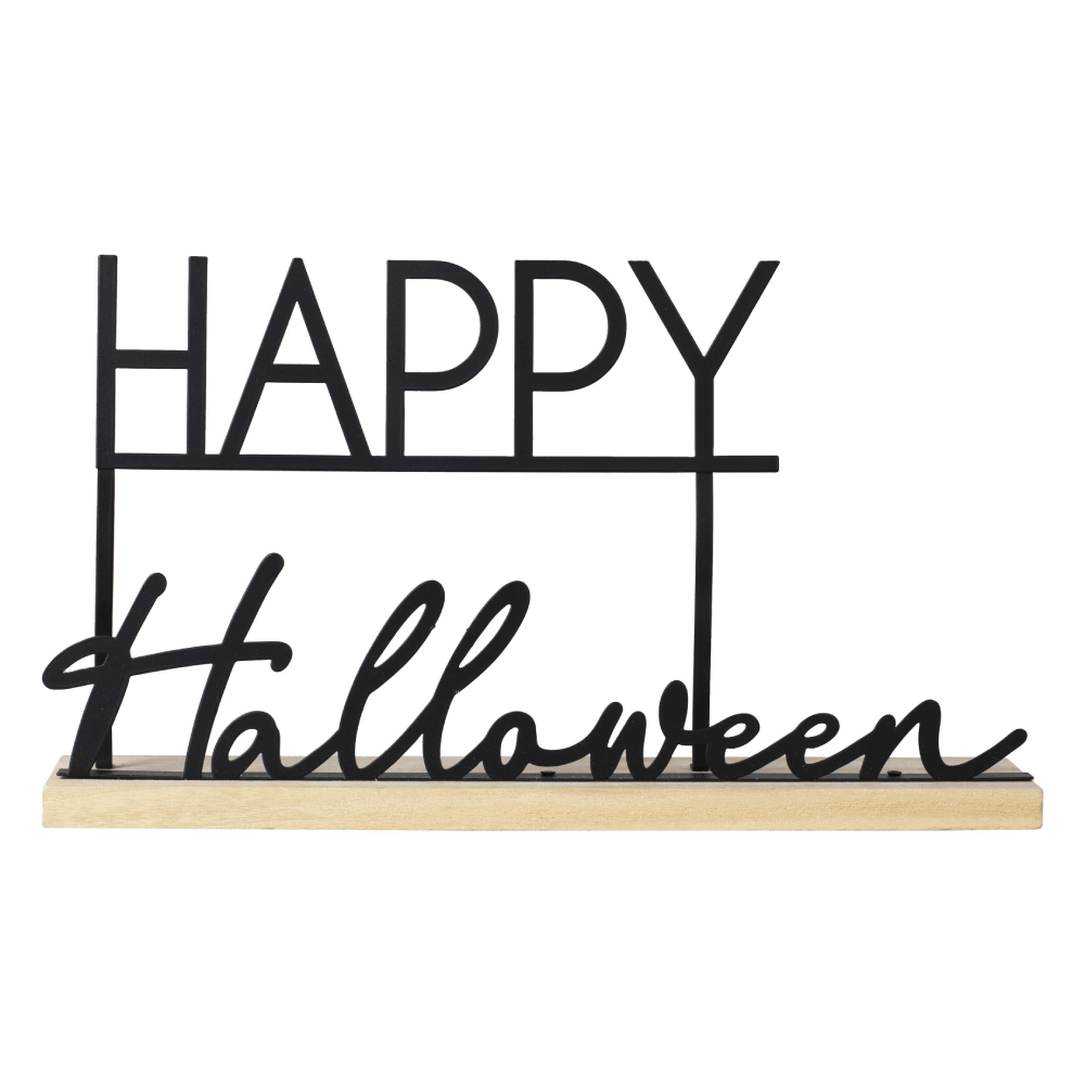 Zwarte tekst happy halloween staat op een houten ondergrond
