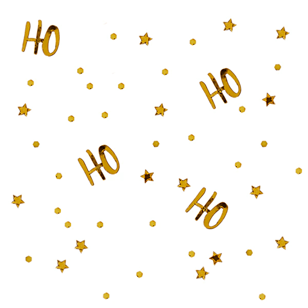 Gouden confetti met sterren en rondjes en de tekst ho ho ho