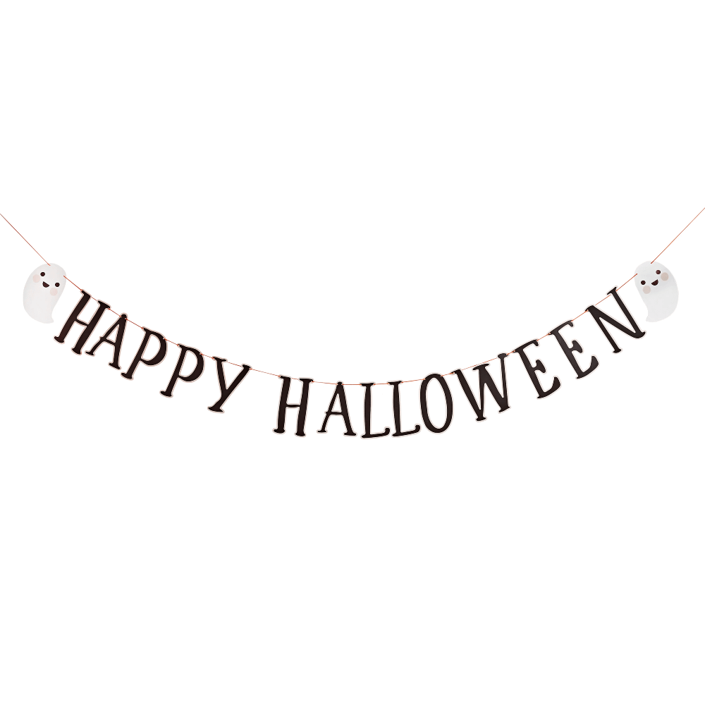 letterslinger met de tekst happy halloween en twee spookjes die lachen