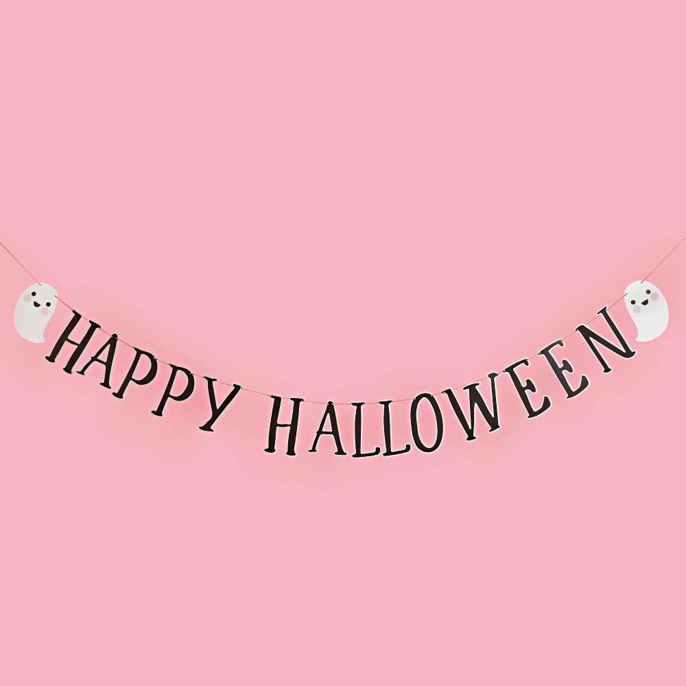 slinger happy halloween met twee lachende spookjes op een roze achtergrond