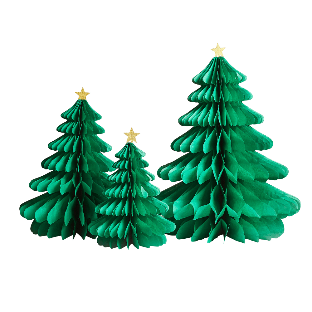 Drie groene honeycombs in de vorm van een kerstboom met een gouden ster met glitters als piek