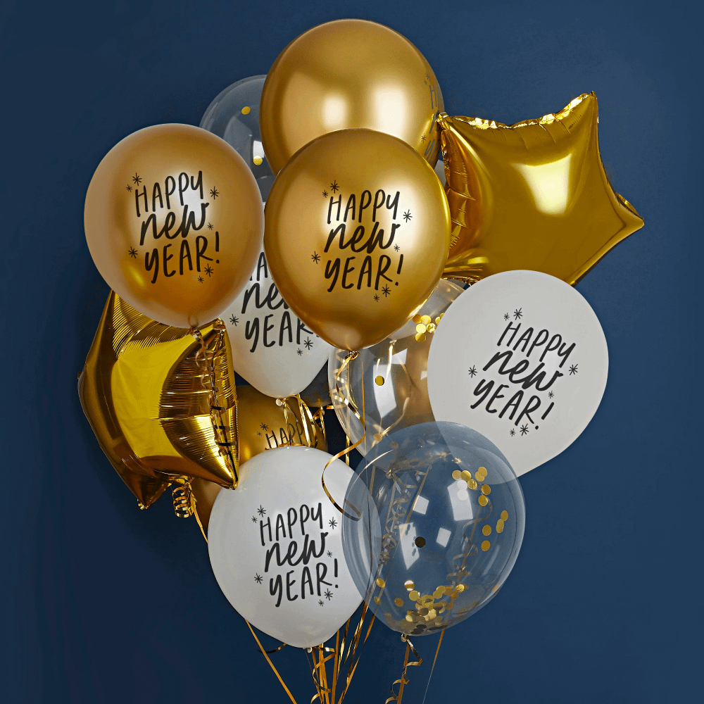 Ballonnen bundel met gouden en witte ballonnen met zwarte tekst happy new year, folieballonnen in de vorm van een ster en confettiballonnen met gouden confetti