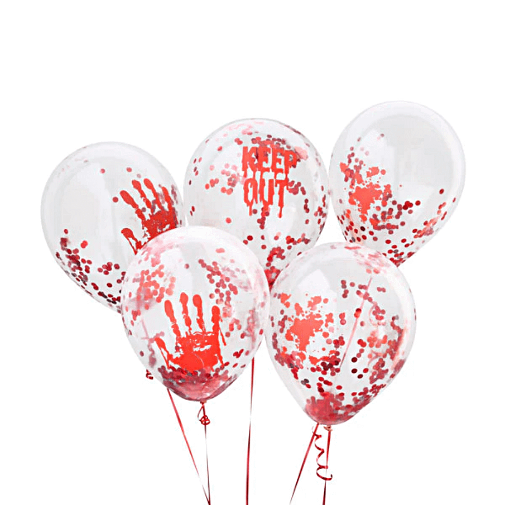 Transparante confetti ballonnen met rode confetti en bloederige afdrukken