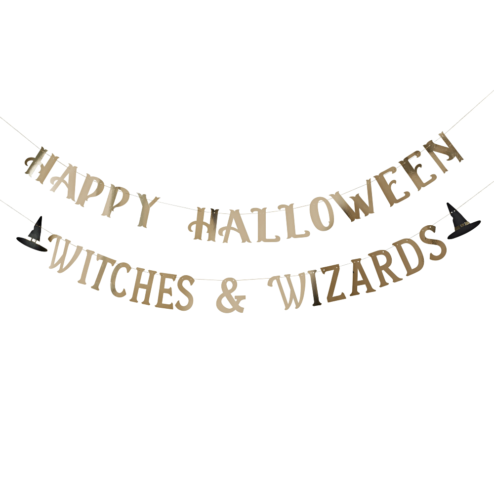 Slinger met gouden tekst happy halloween witches & wizards met een heksenhoed