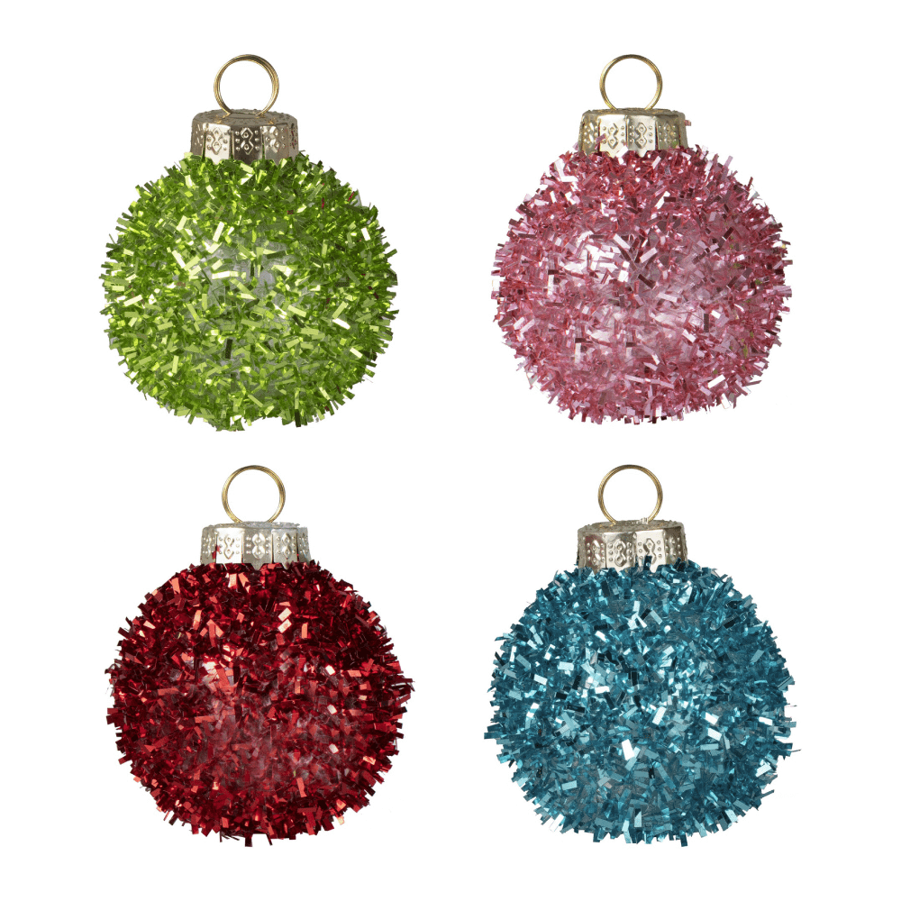 Kerstballen met glitters in het roze, rood, groen en blauw