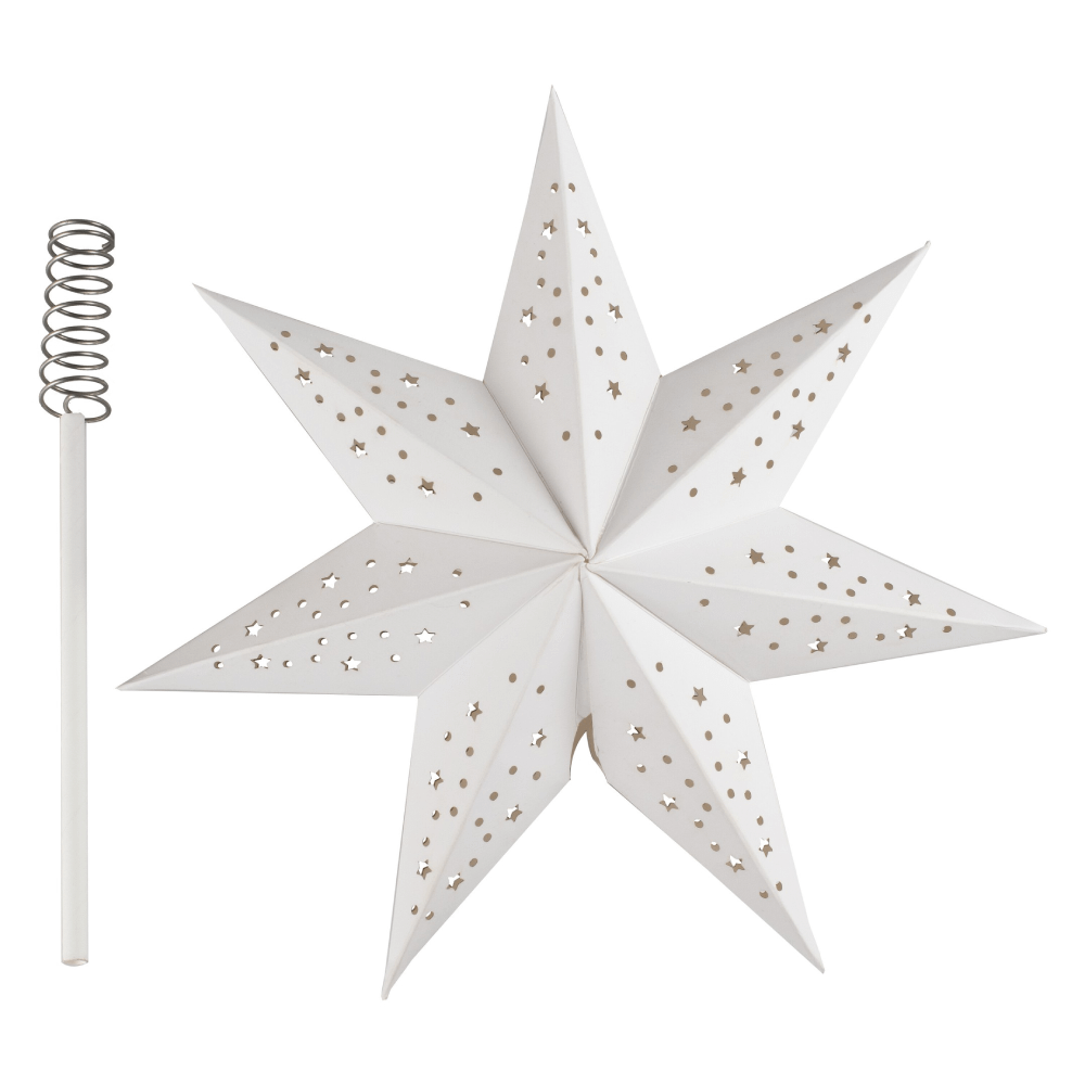 Witte piek in de vorm van een ster met kleine uitgesneden sterretjes en rondjes erin