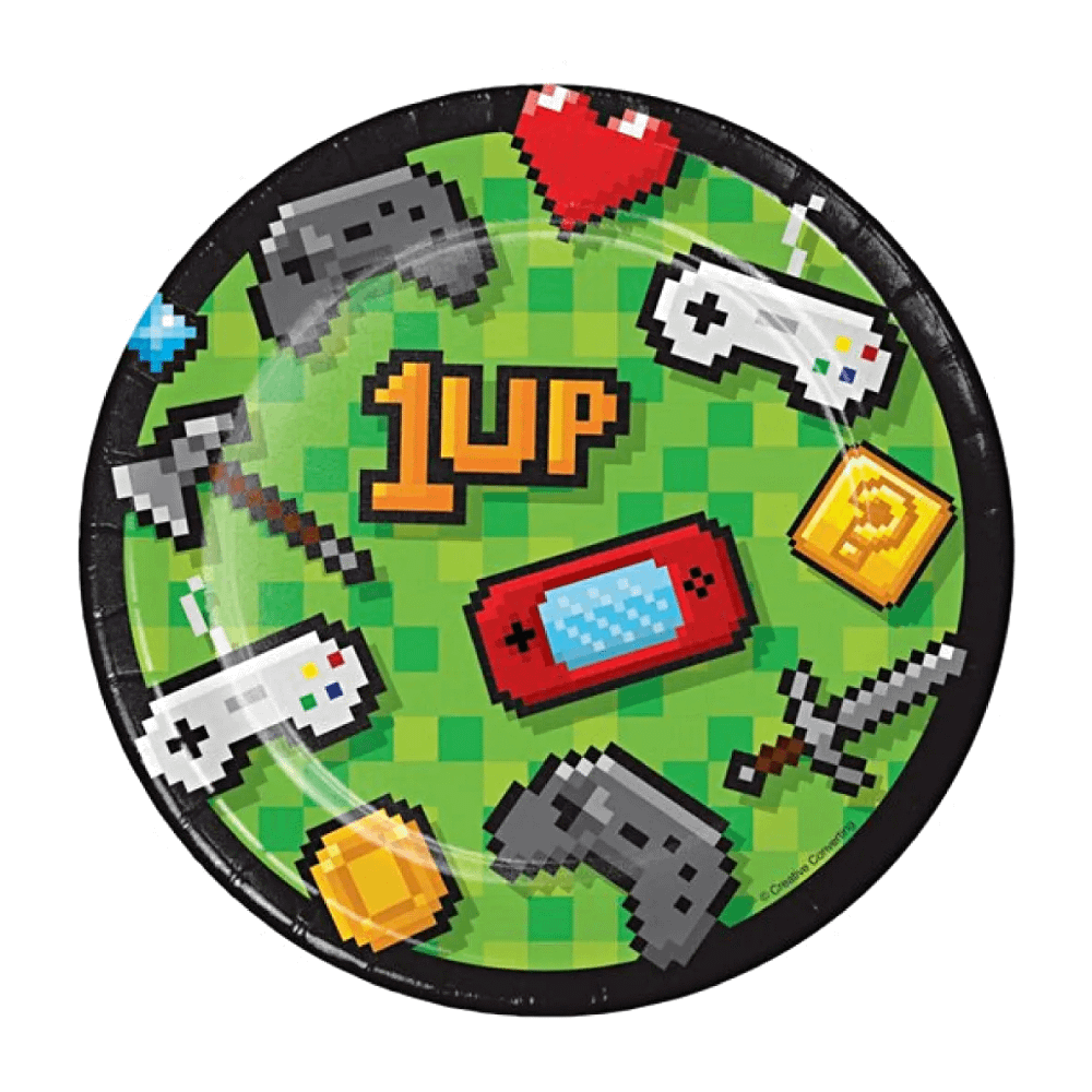 gebaksbordje in het groen met zwarte rand met game icoontjes