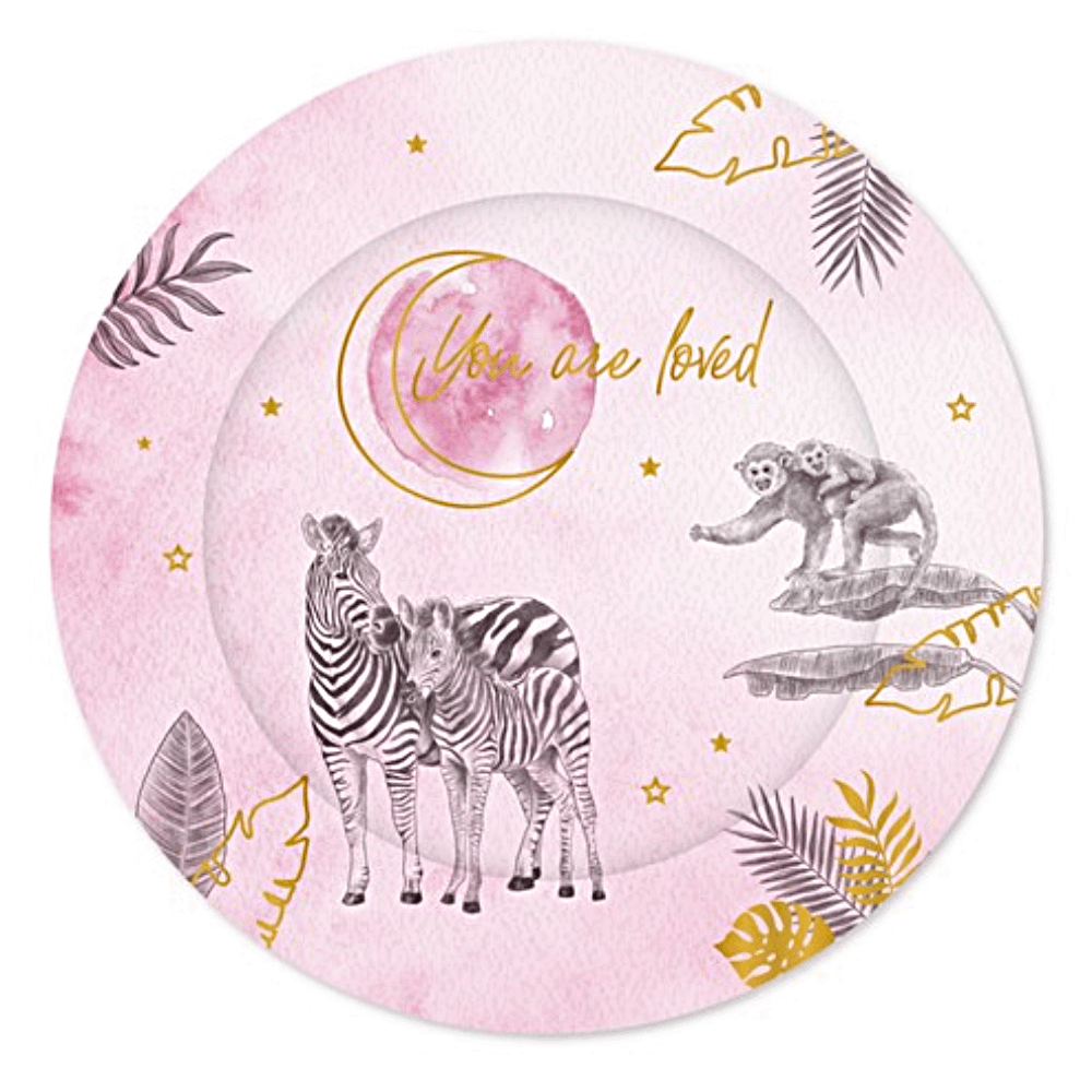 Roze bordje met zwarte en gouden bedrukking voor een safari babyshower